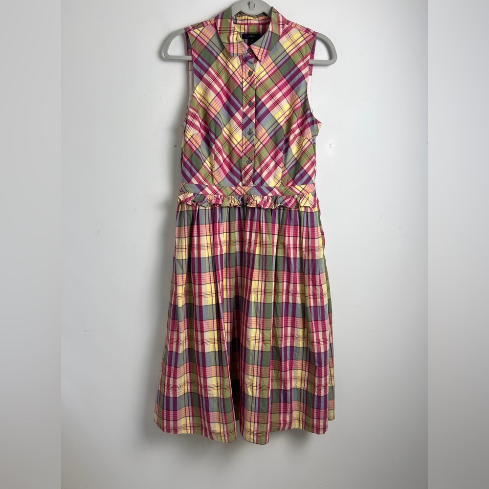 J. Crew Women's 8 Pink & Green Plaid Ruffle Waist Pockets Midi Dress - Picture 4 of 13